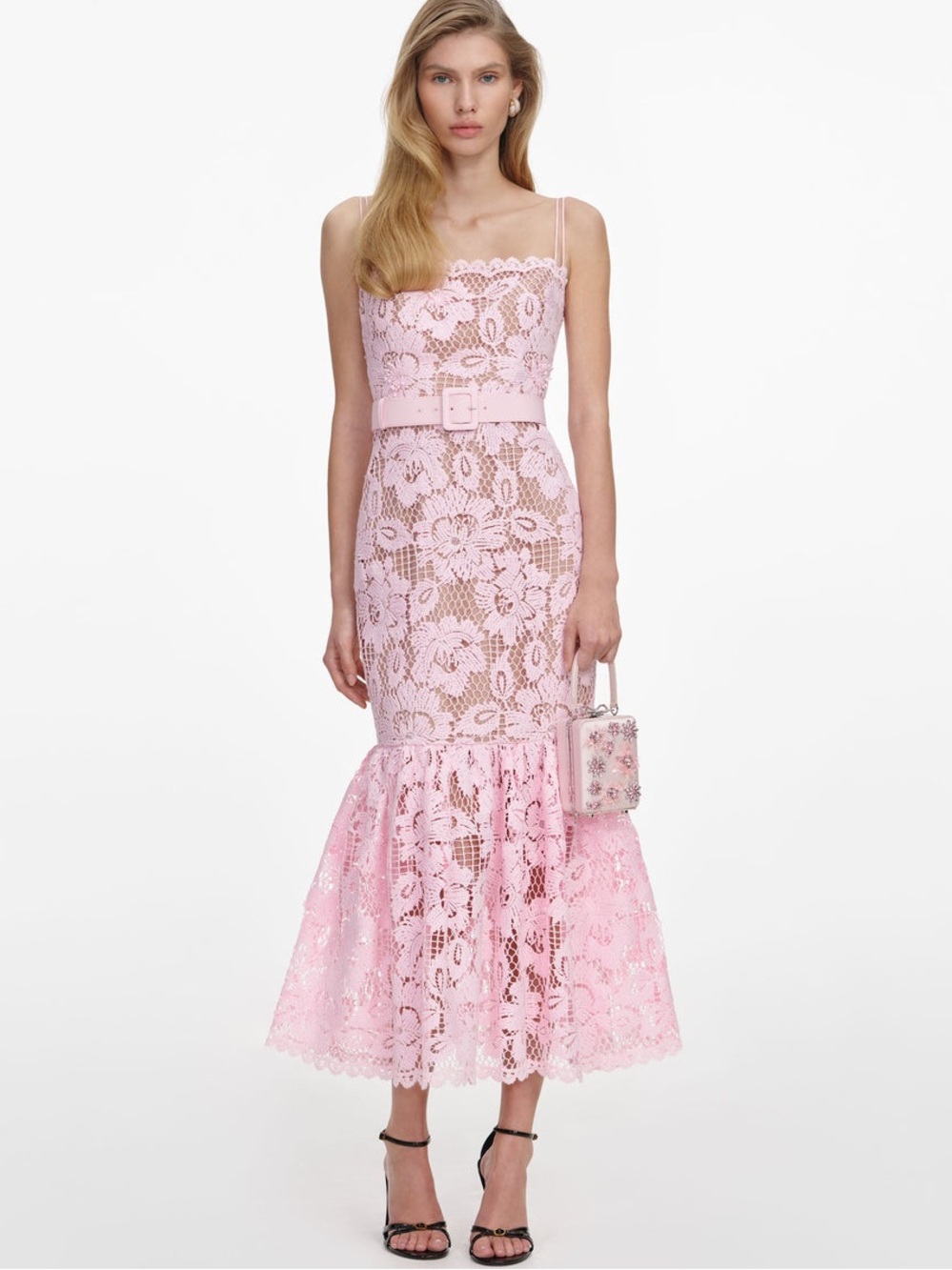 NWOT Self-Portrait PINK CROCHET LACE MIDI DRESS